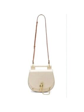 Cream Leather Crossbody Saddle Bag with Gold Accent and Tan Strap